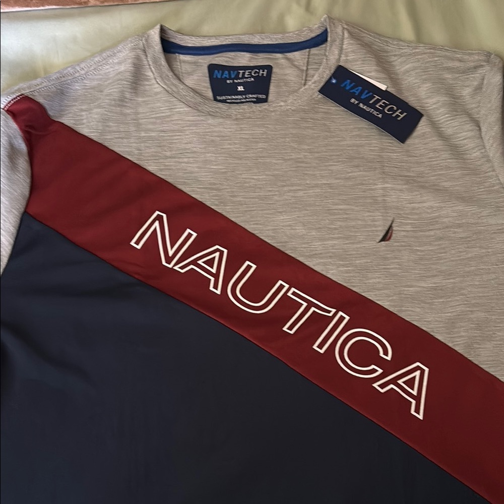 Nautica Gray and Navy Tee with Red Stripe